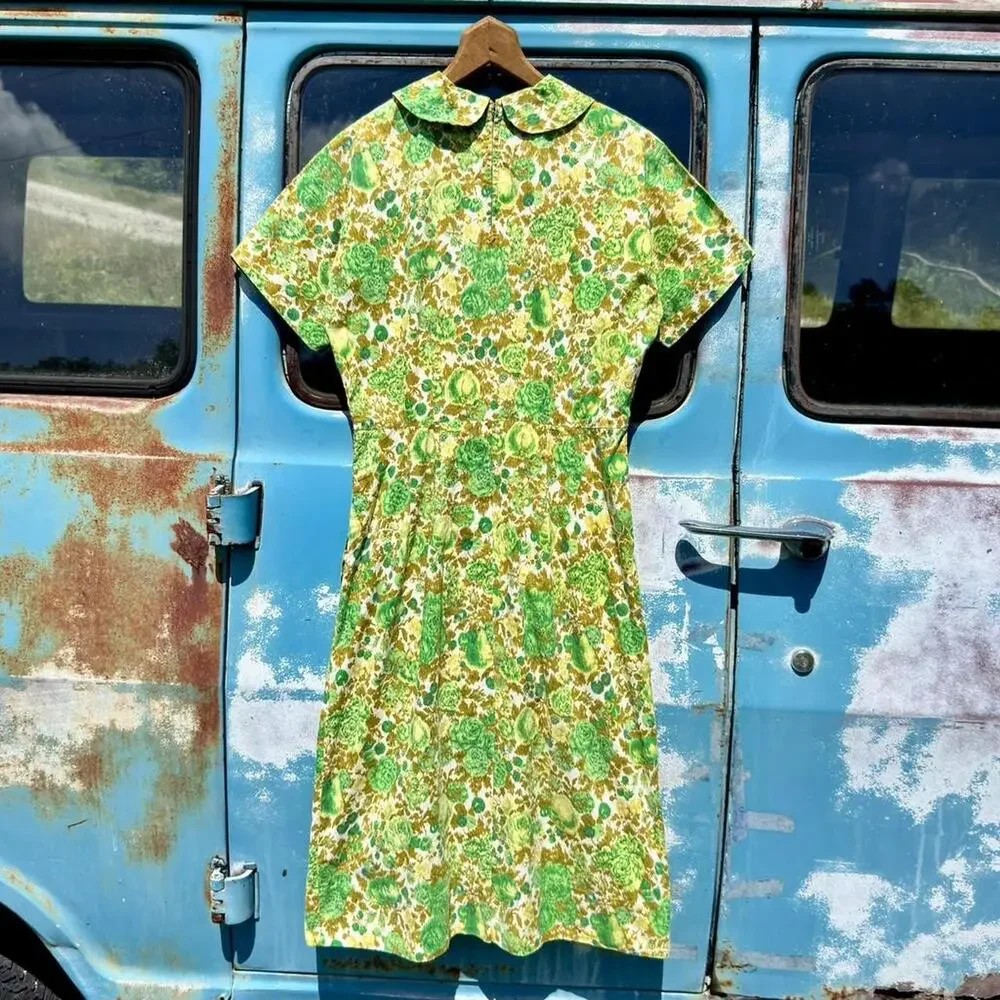 60s mod green cotton day dress magyar sleeve underarm gusset peter pan collar